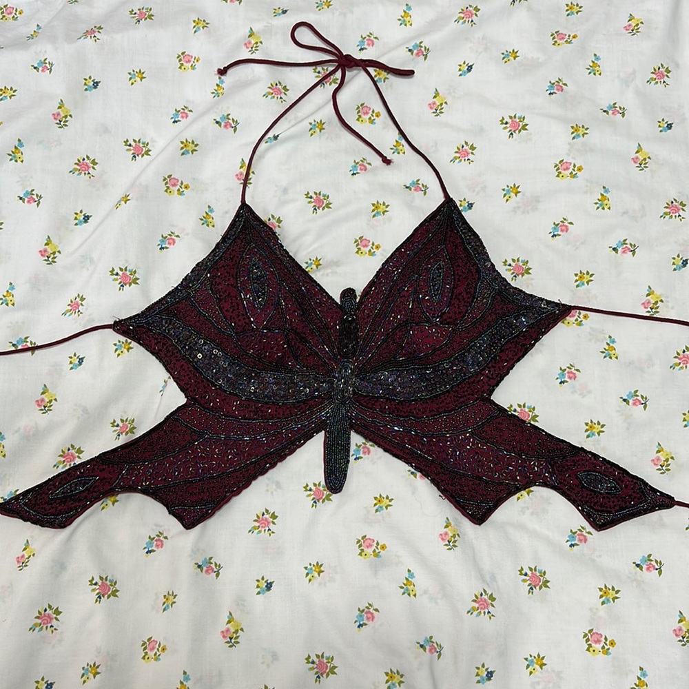 ⭐️Sold⭐️ Burgundy Beaded Backless Butterfly Halter Top